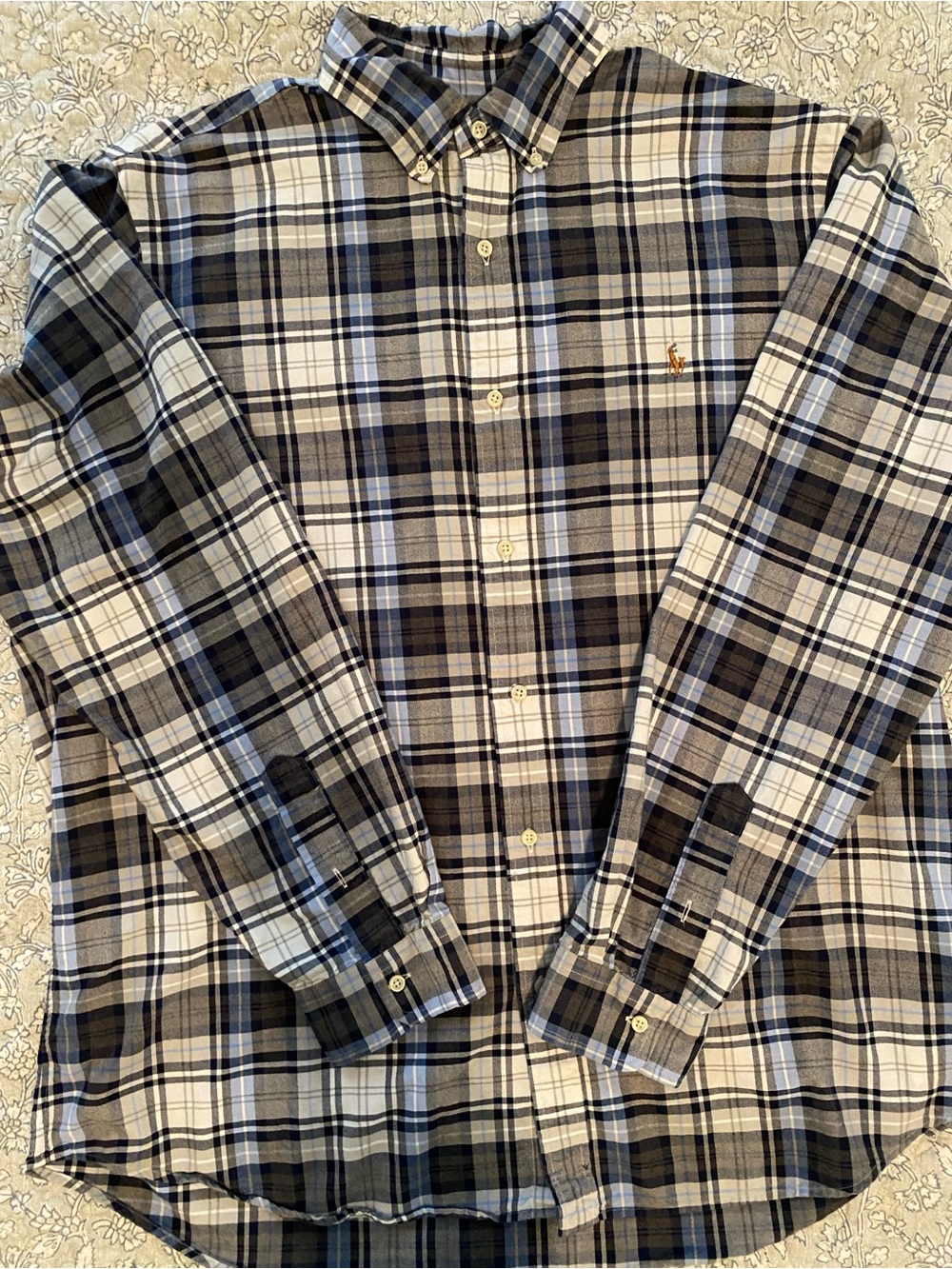 Men's Plaid Button-Down Shirt in Black, White & Blue